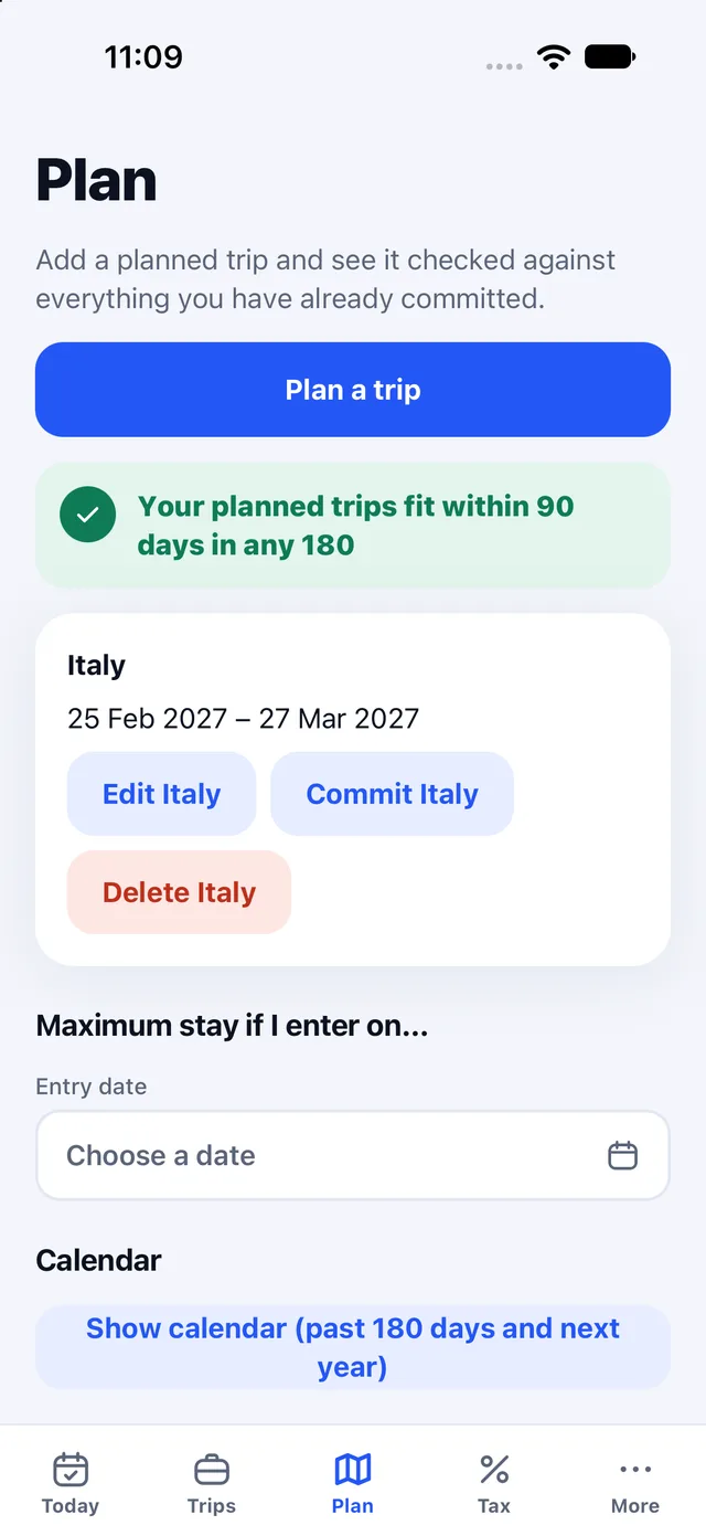 DayCount EU Plan screen with a planned trip check and the maximum stay tool. Sample data.