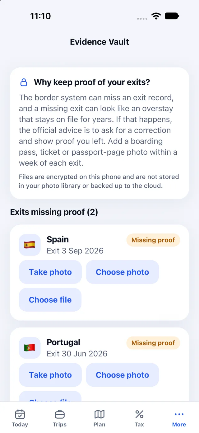DayCount EU Evidence Vault: exits with and without proof. Sample data.